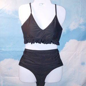 Black Ruffle Halter Triangle Top High-waist side-ruched Bottom Bikini set NEW